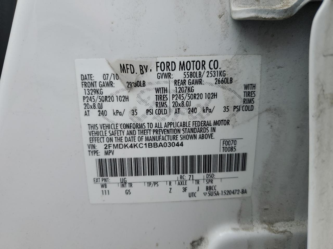 2011 Ford Edge VIN 2FMDK4KC1BB103044 Copart auction photo, front end / minor dent/scratches damage thumbnail 13