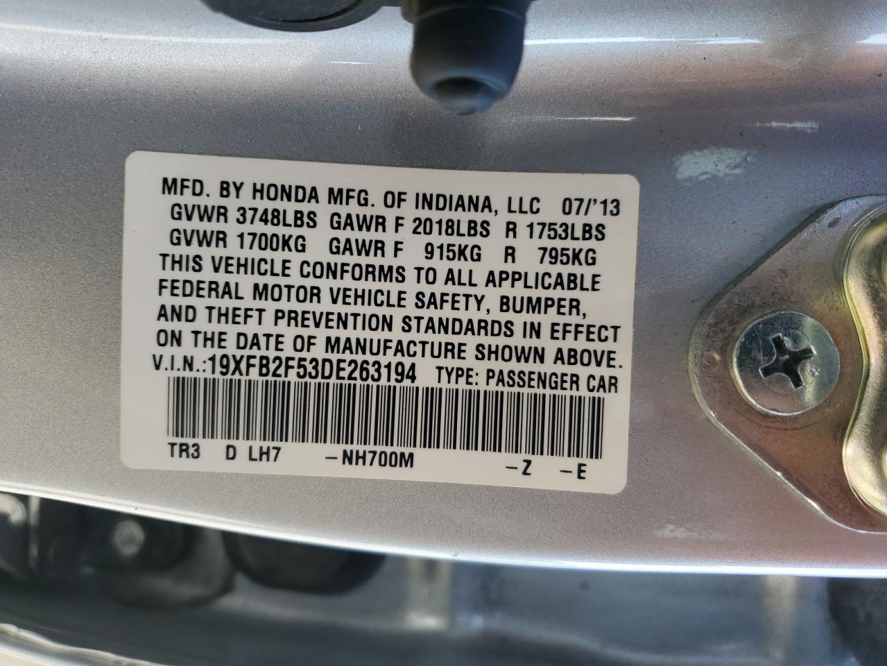 2013 Honda Civic VIN 19XFB2F53DE263194 Copart auction photo, side / rear end damage thumbnail 13
