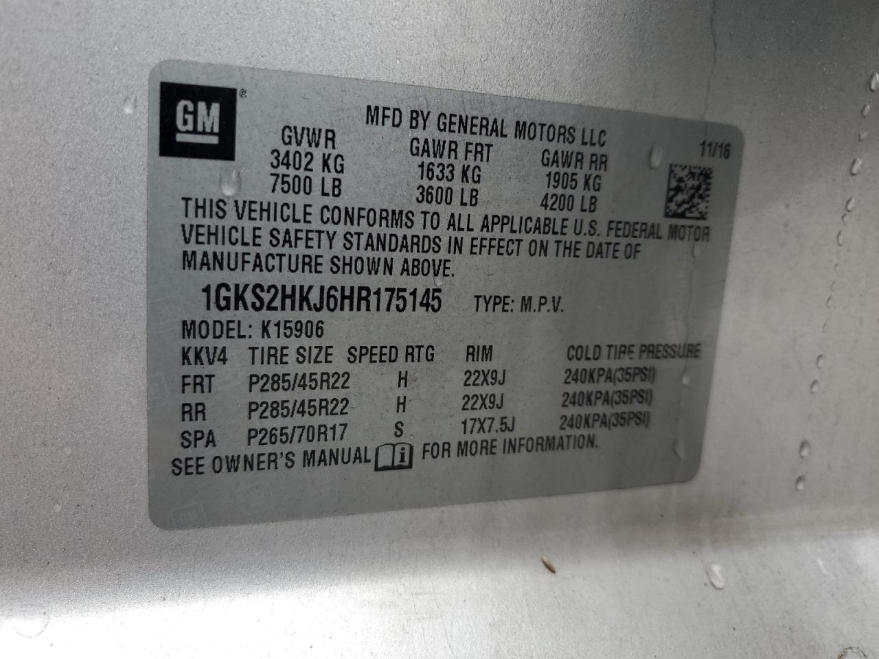 2017 GMC Yukon VIN 1GKS2HKJ6HR175145 Copart auction photo, front end damage thumbnail 15