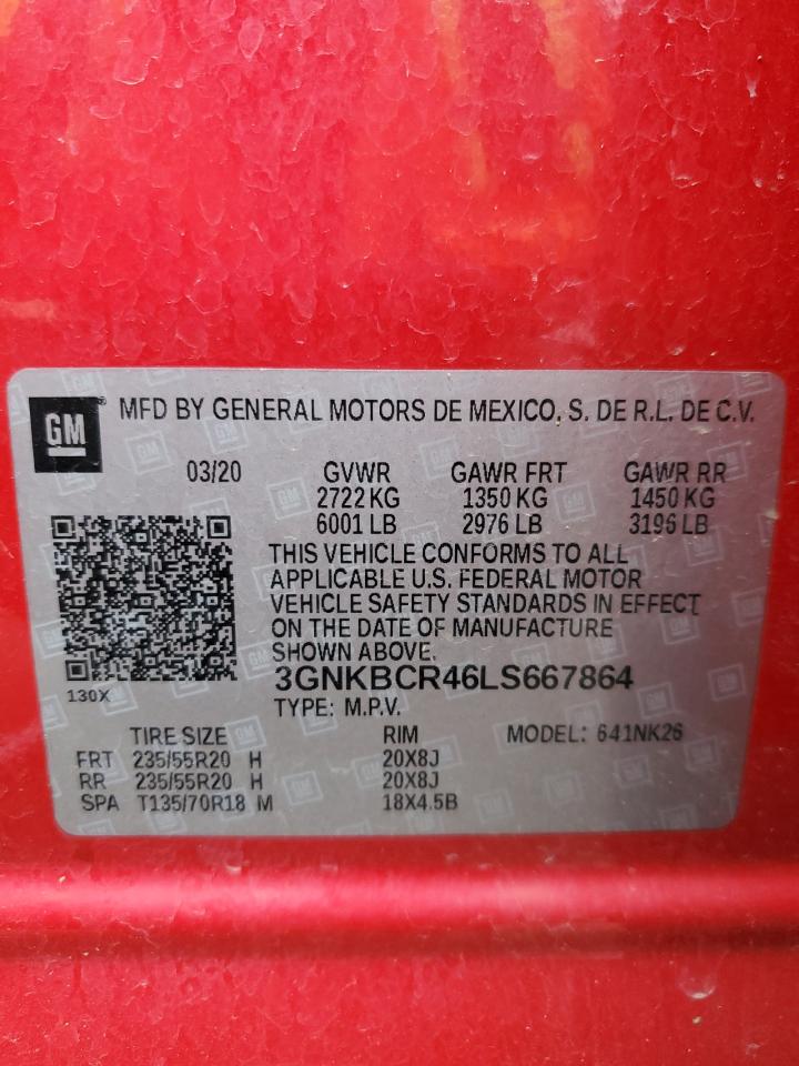 2020 Chevrolet Blazer VIN 3GNKBCR46LS667864 Copart auction photo, front end / side damage thumbnail 14