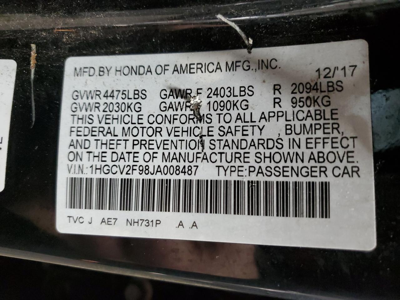 2018 Honda Accord VIN 1HGCV2F98JA008487 Copart auction photo, side damage thumbnail 12