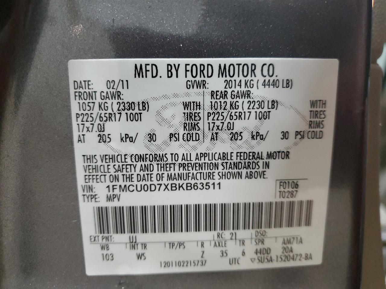 2011 Ford Escape VIN 1FMCU0D7XBKB63511 Copart auction photo, rear end damage thumbnail 13