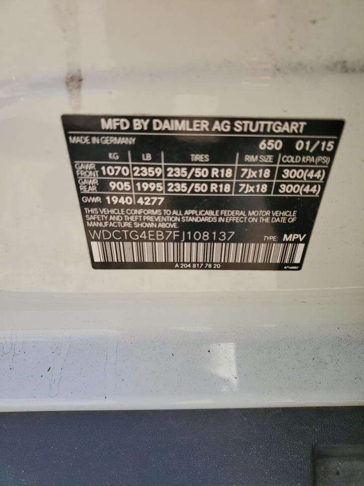 2015 Mercedes-Benz GLA-klasse VIN WDCTG4EB7FJ108137 Copart auction photo, rear end damage thumbnail 13