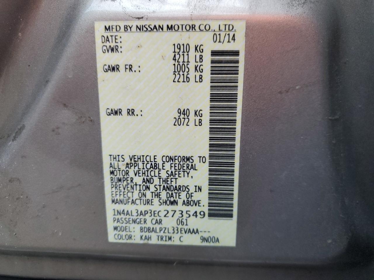 2014 Nissan Altima VIN 1N4AL3AP3EC273549 Copart auction photo, all over damage thumbnail 12