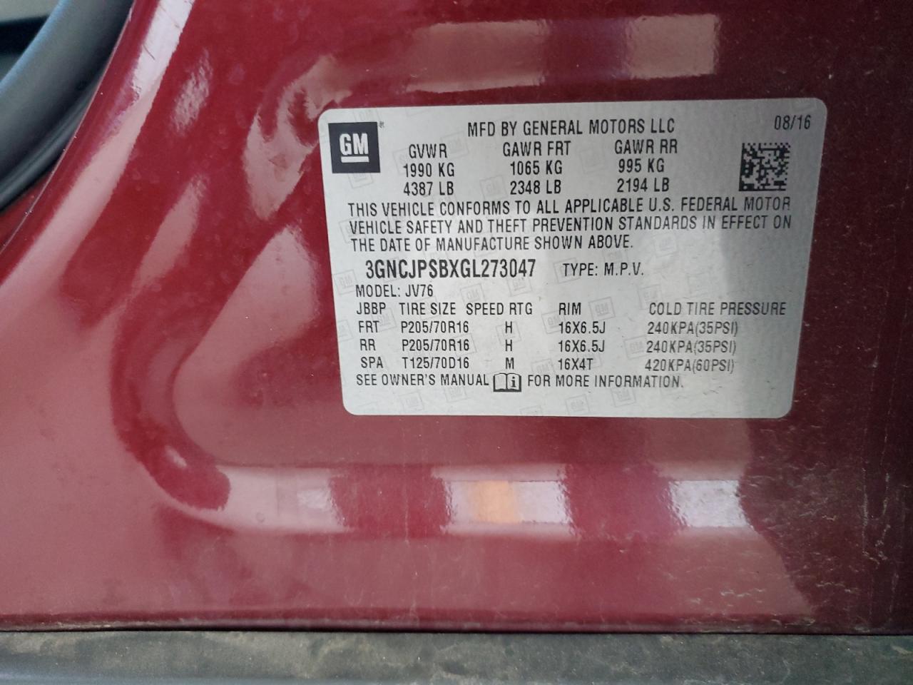 2016 Chevrolet Trax VIN 3GNCJPSBXGL273047 Copart auction photo, front end damage thumbnail 15