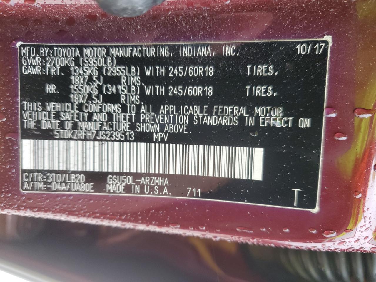 2018 Toyota Highlander VIN 5TDKZRFH7JS239513 Copart auction photo, front end damage thumbnail 14