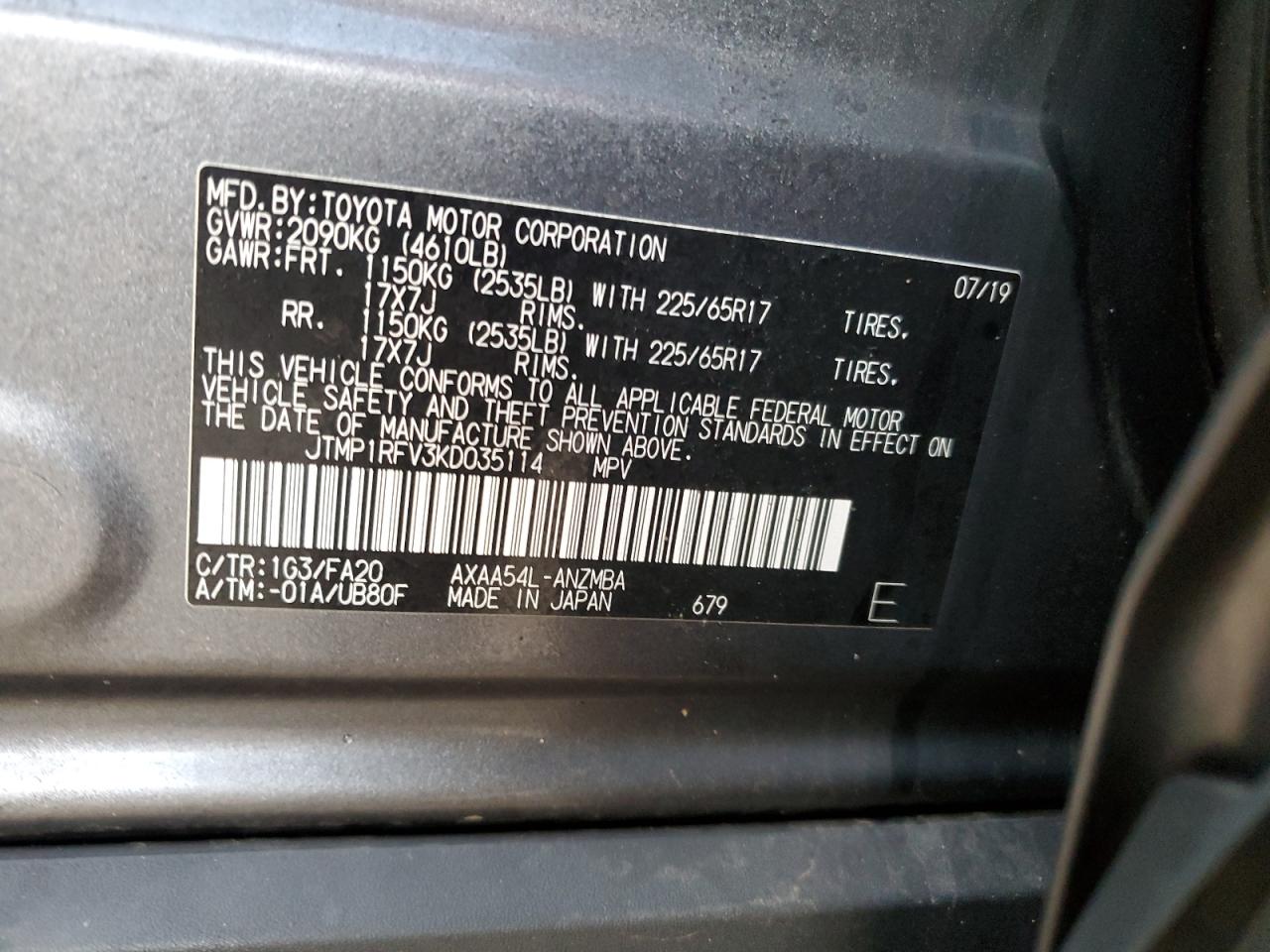 2019 Toyota RAV 4 VIN JTMP1RFV3KD035114 Copart auction photo, front end damage thumbnail 13