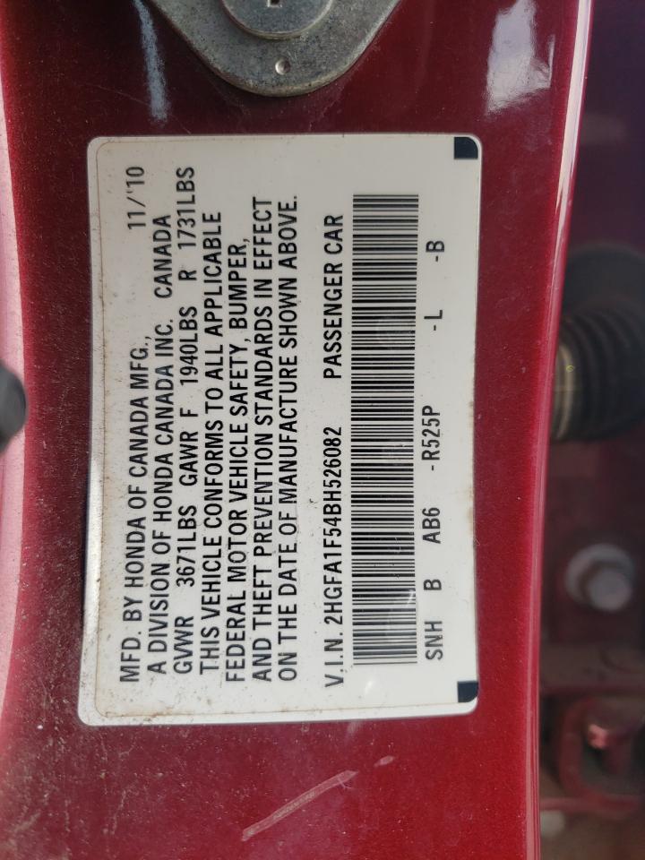 2011 Honda Civic VIN 2HGFA1F54BH526082 Copart auction photo, water/flood damage thumbnail 12