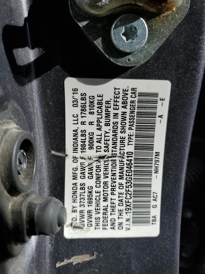 2016 Honda Civic VIN 19XFC2F53GE046410 Copart auction photo, front end damage thumbnail 14