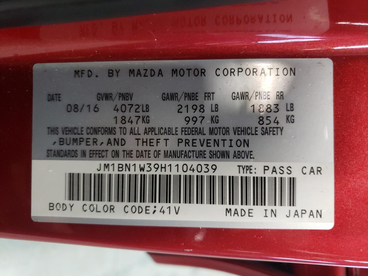 2017 Mazda 3 VIN JM1BN1W39H1104039 Copart auction photo, rear end / side damage thumbnail 15
