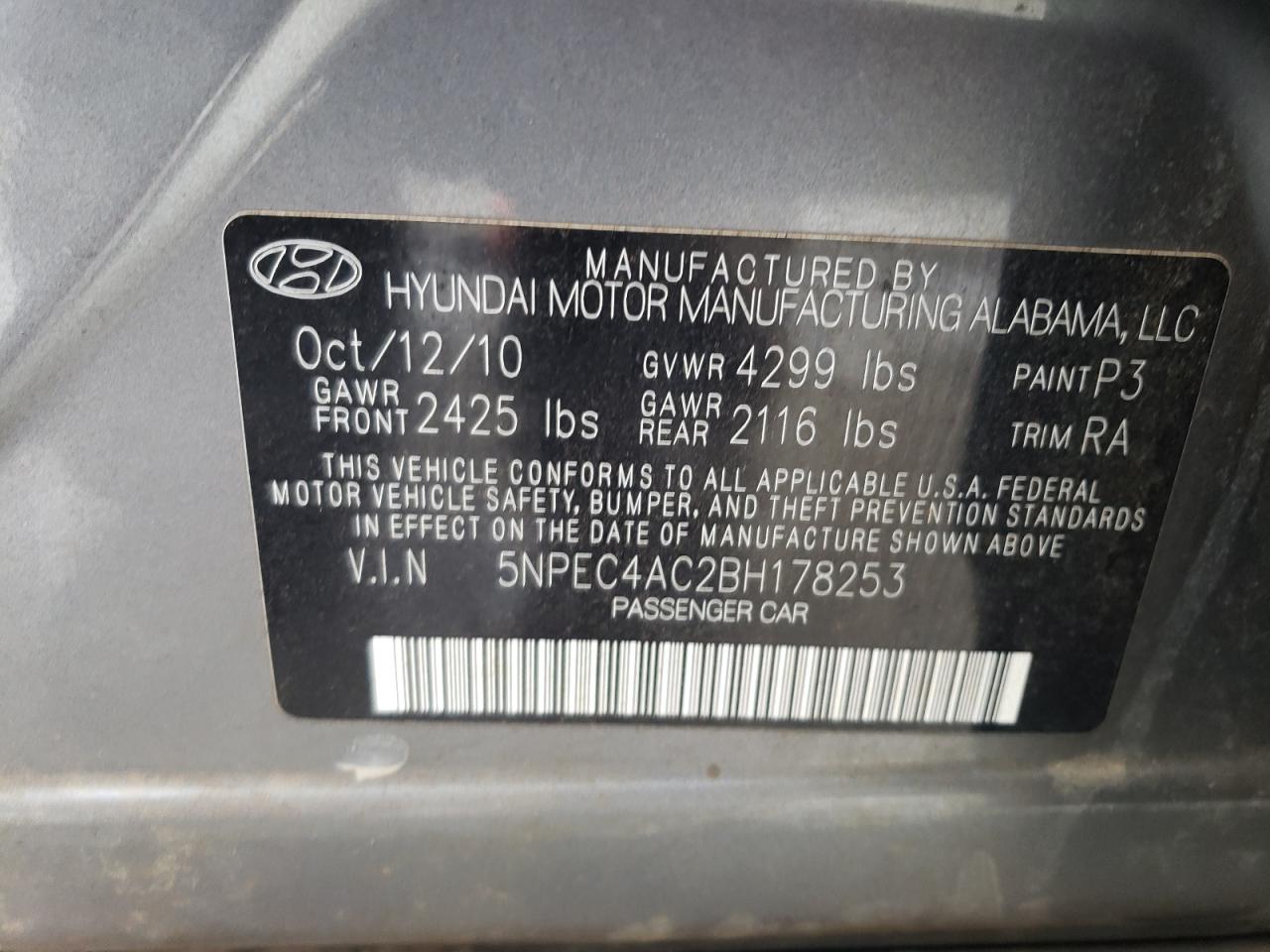 2011 Hyundai Sonata VIN 5NPEC4AC2BH178253 Copart auction photo, side damage thumbnail 13