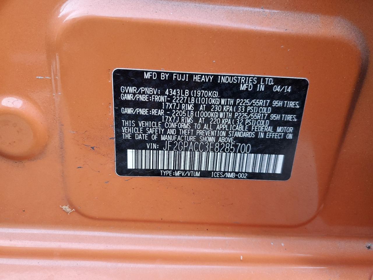 2014 Subaru XV VIN JF2GPACC3E8285700 Copart auction photo, front end / rear end damage thumbnail 12