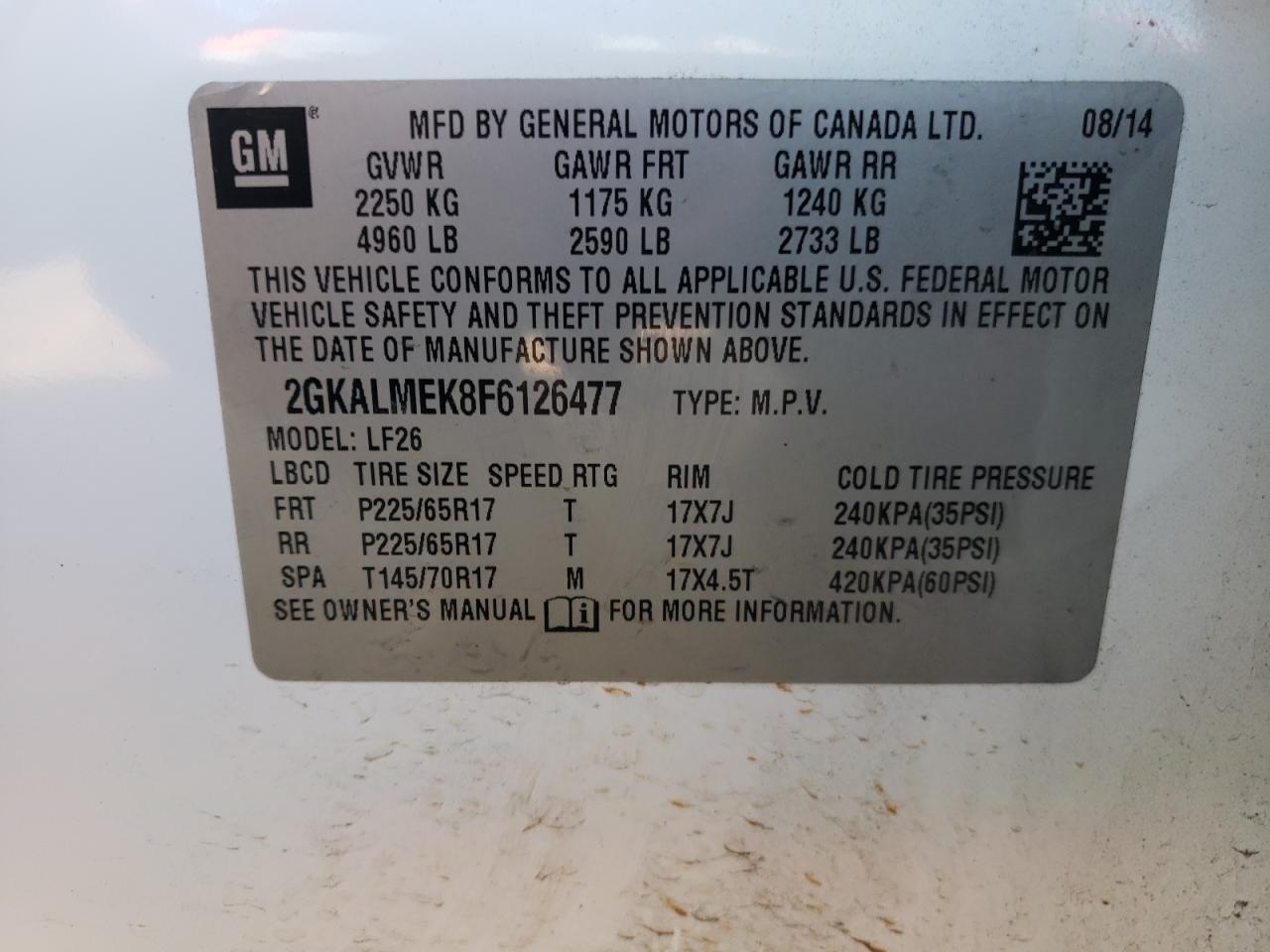 2015 GMC Terrain VIN 2GKALMEK8F6126477 Copart auction photo, front end damage thumbnail 14