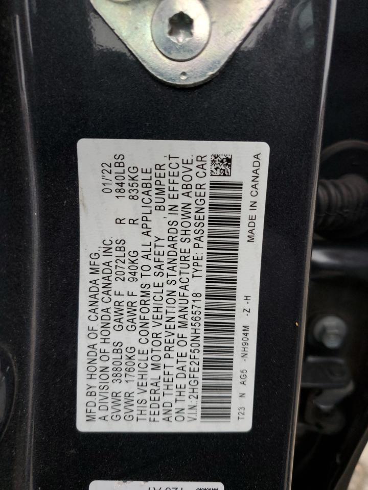 2022 Honda Civic VIN 2HGFE2F50NH565718 Copart auction photo, water/flood damage thumbnail 12
