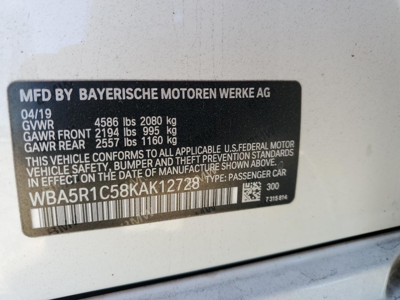2019 BMW 3er VIN WBA5R1C58KAK12728 Copart auction photo, front end / side damage thumbnail 15