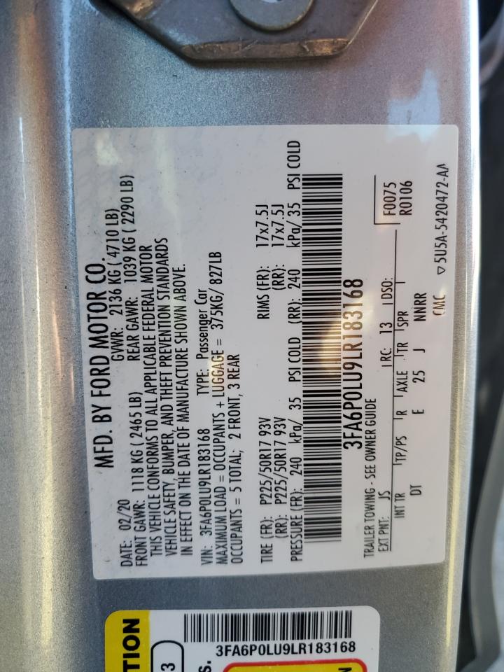 2020 Ford Fusion VIN 3FA6P0LU9LR183168 Copart auction photo, front end damage thumbnail 12