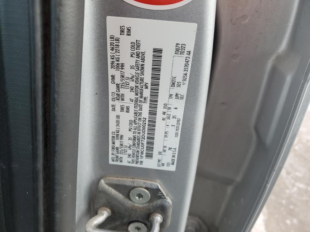 2013 Ford Escape VIN 1FMCU0F72DUD00252 Copart auction photo, front end damage thumbnail 14