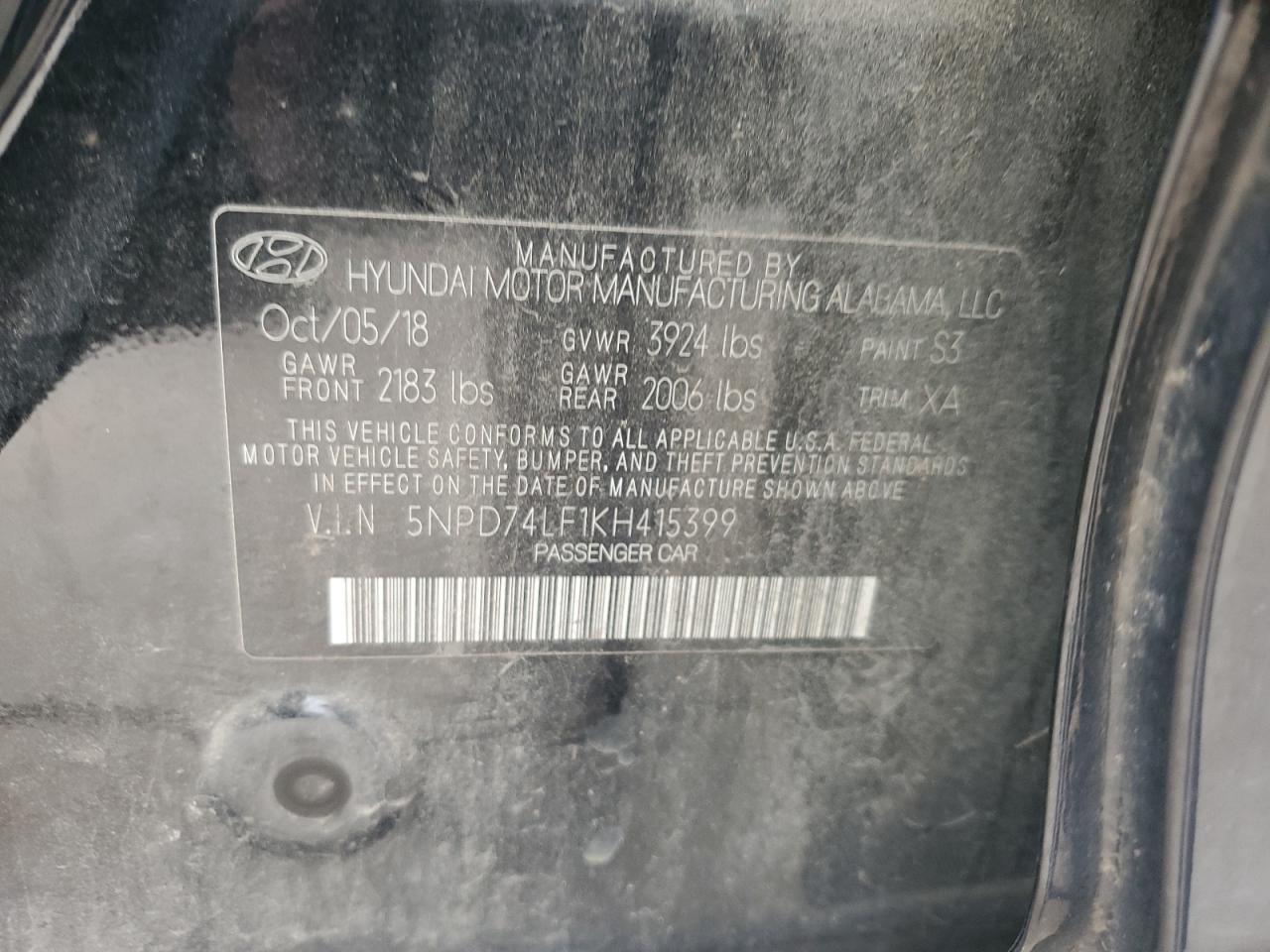 2019 Hyundai Elantra VIN 5NPD74LF1KH415399 Copart auction photo, all over damage thumbnail 13