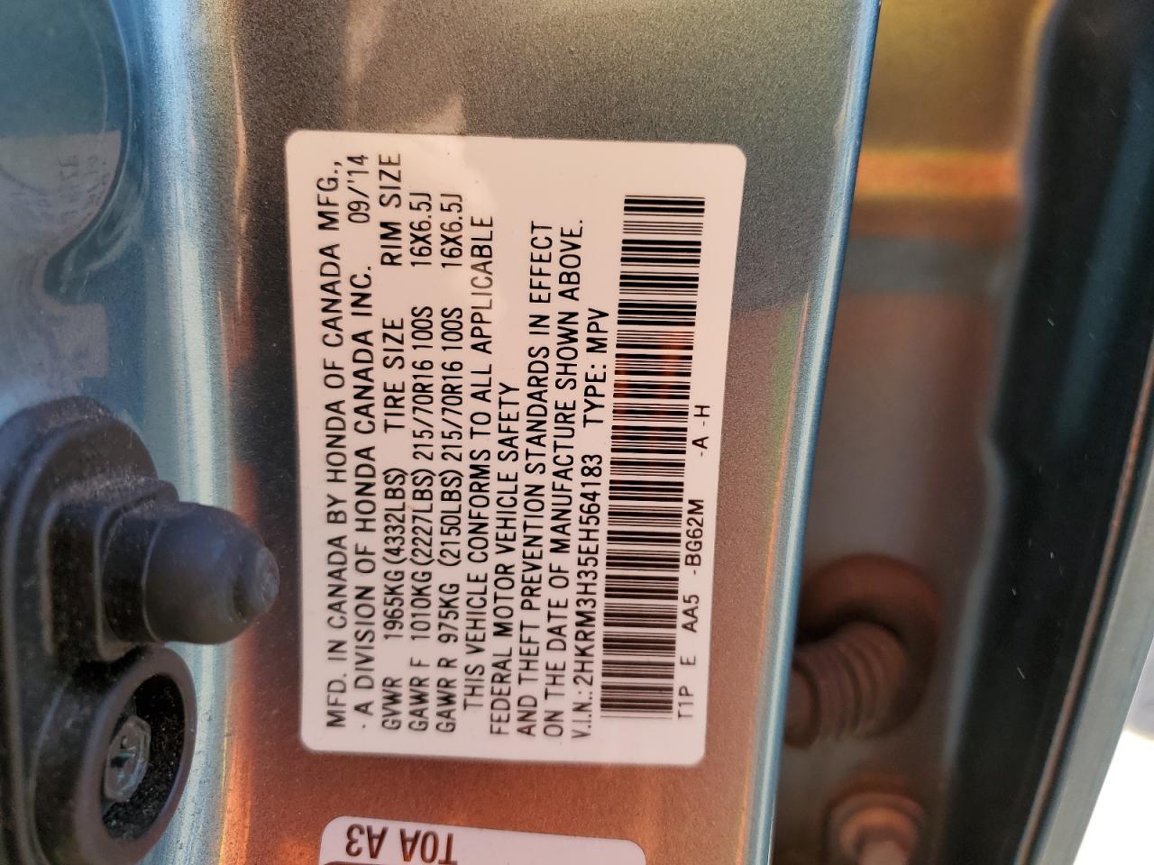2014 Honda CR-V VIN 2HKRM3H35EH564183 Copart auction photo, unknown damage thumbnail 14