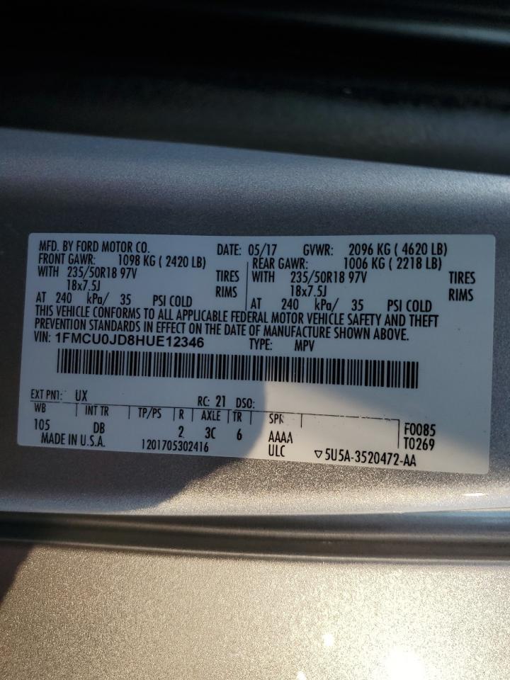 2017 Ford Escape VIN 1FMCU0JD8HUE12346 Copart auction photo, rollover / undercarriage damage thumbnail 15
