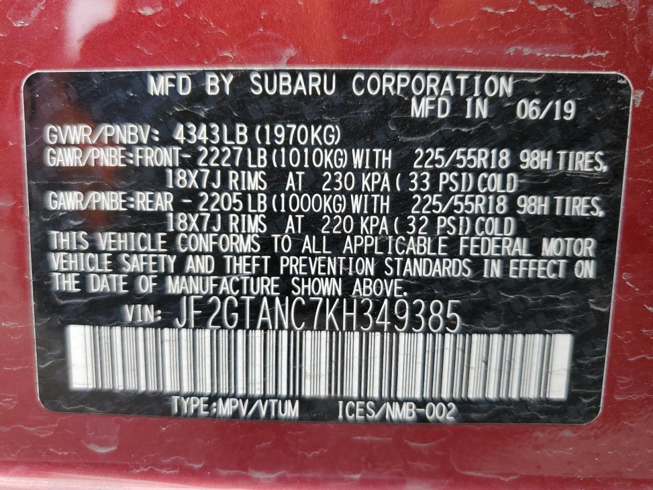 2019 Subaru XV VIN JF2GTANC7KH349385 Copart auction photo, front end damage thumbnail 13