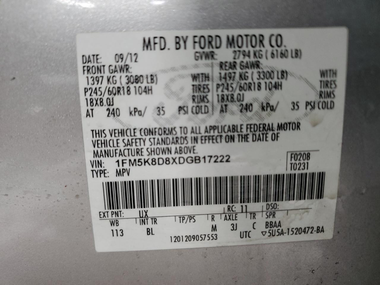 2013 Ford Explorer VIN 1FM5K8D8XDGB17222 Copart auction photo, front end damage thumbnail 13