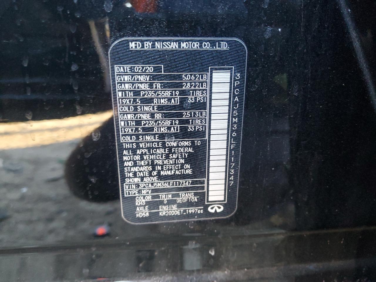 2020 Infiniti QX50 VIN 3PCAJ5M36LF117347 Copart auction photo, front end damage thumbnail 13