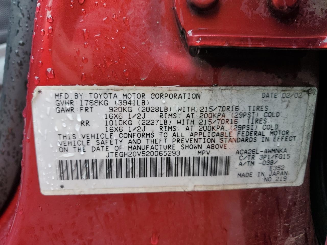 2002 Toyota RAV 4 VIN JTEGH20V520065293 Copart auction photo, front end / undercarriage damage thumbnail 13