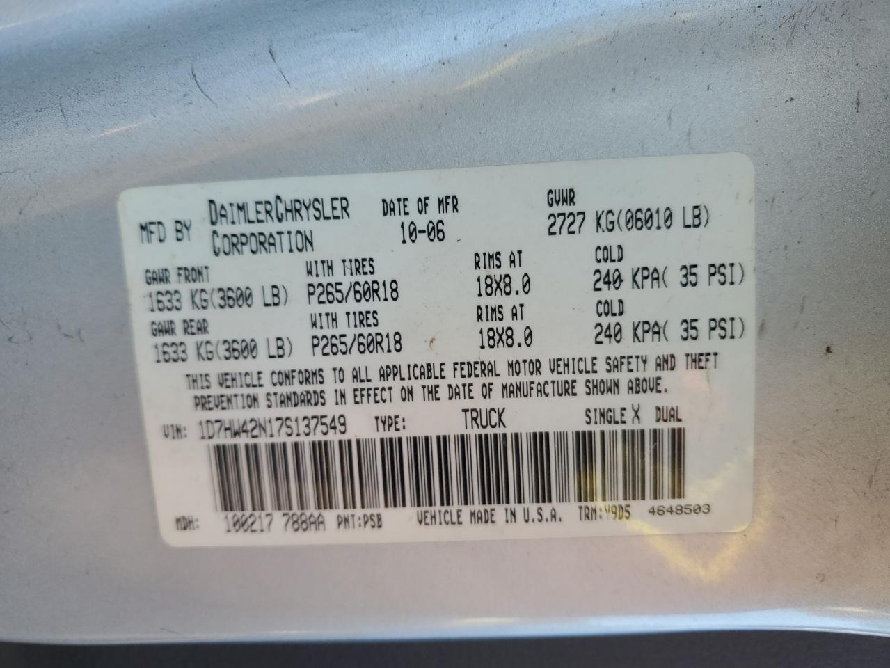 2007 Dodge Dakota VIN 1D7HW42N17S137549 Copart auction photo, front end / minor dent/scratches damage thumbnail 12