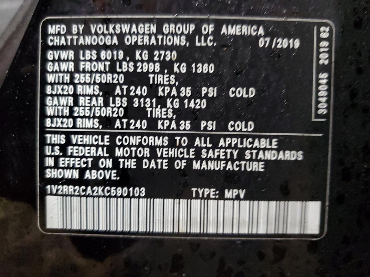 2019 Volkswagen Atlas VIN 1V2RR2CA2KC590103 Copart auction photo, side / minor dent/scratches damage thumbnail 12