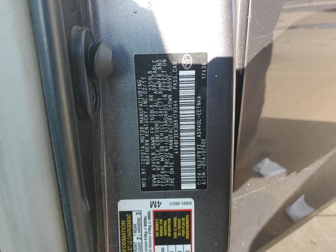 2011 Toyota Camry VIN 4T4BF3EK3BR179344 Copart auction photo, rear end / side damage thumbnail 12