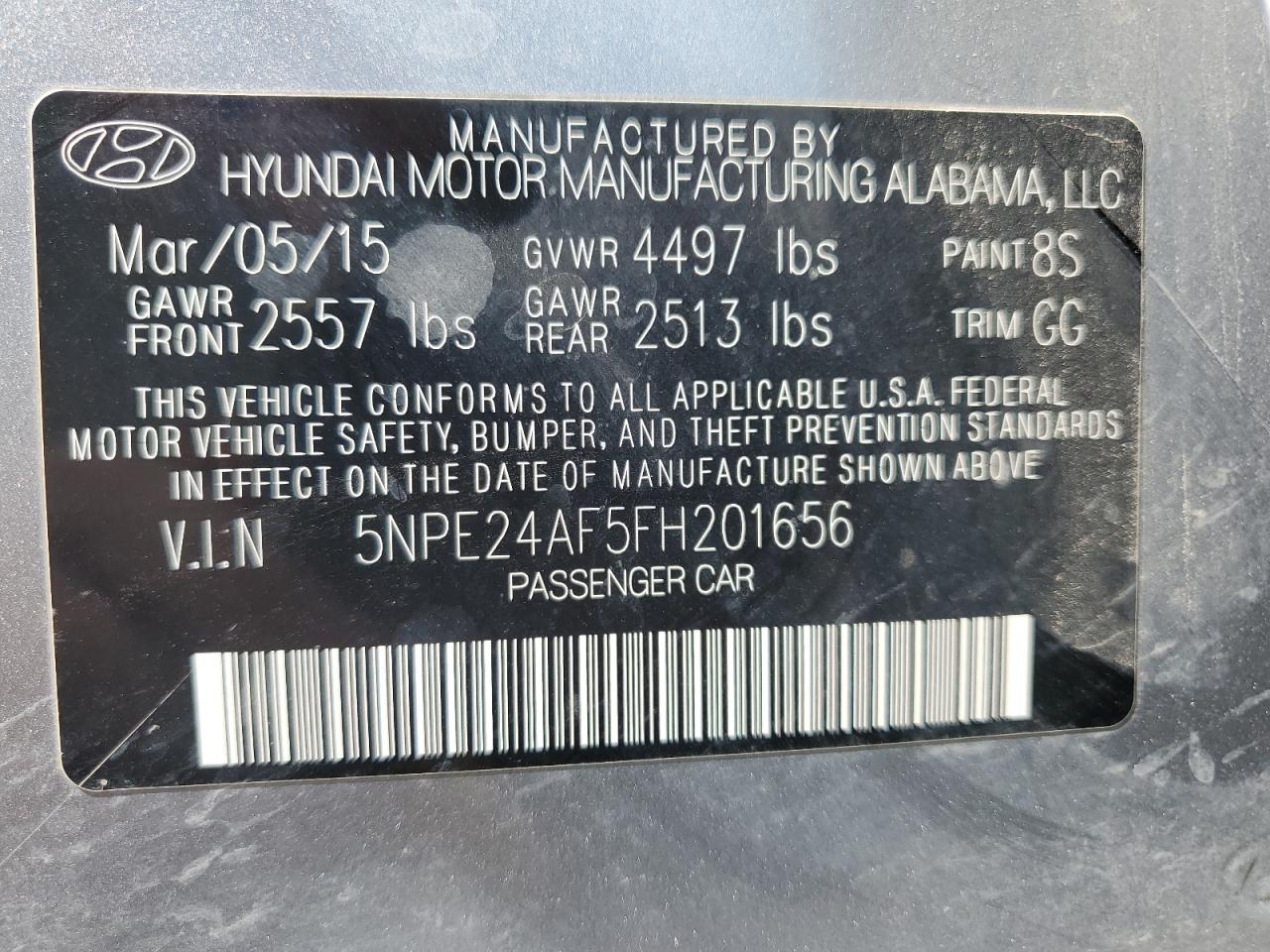 2015 Hyundai Sonata VIN 5NPE24AF5FH201656 Copart auction photo, all over / mechanical damage thumbnail 14