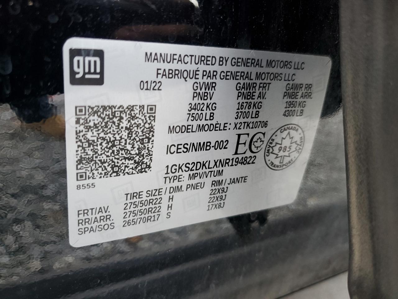 2022 GMC Yukon VIN 1GKS2DKLXNR194822 Copart auction photo, water/flood damage thumbnail 14