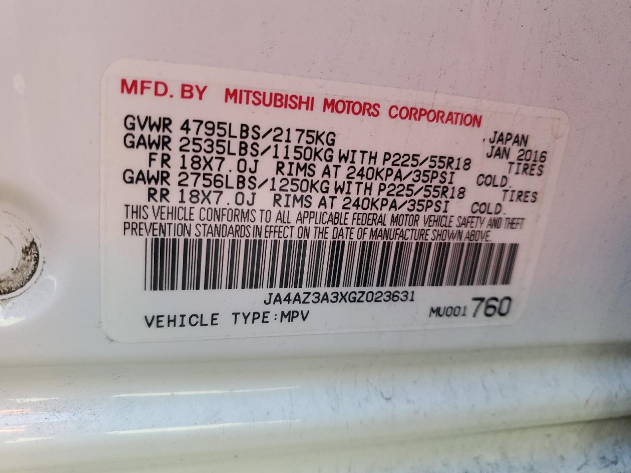 2016 Mitsubishi Outlander VIN JA4AZ3A3XGZ023631 Copart auction photo, front end / minor dent/scratches damage thumbnail 14