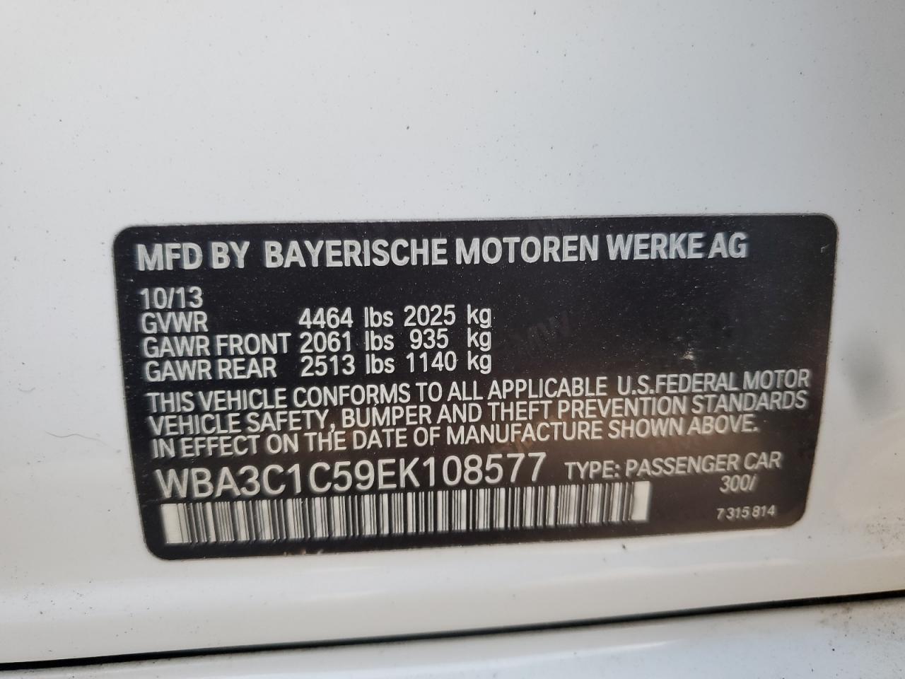 2014 BMW 3er VIN WBA3C1C59EK108577 Copart auction photo, all over damage thumbnail 12