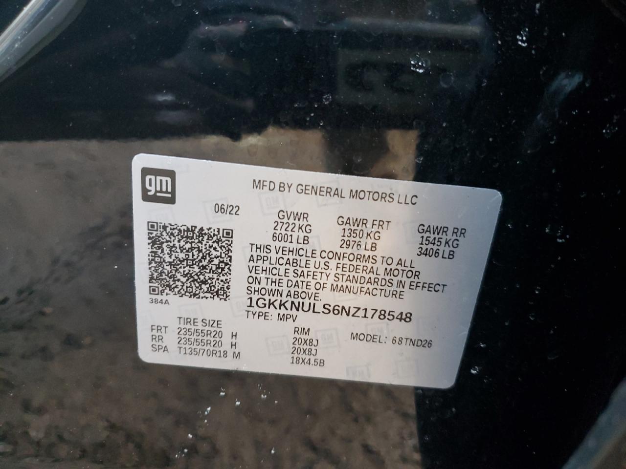 2022 GMC Acadia VIN 1GKKNULS6NZ178548 Copart auction photo, rear end / front end damage thumbnail 13