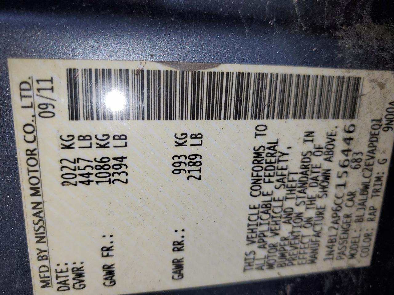 2012 Nissan Altima VIN 1N4BL2AP6CC156446 Copart auction photo, front end / side damage thumbnail 12
