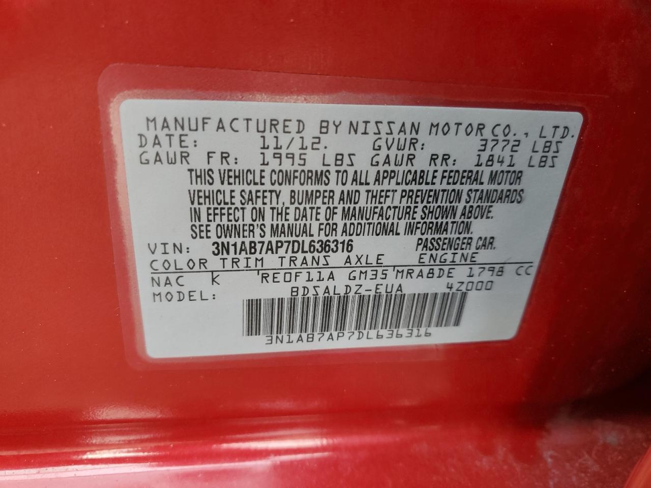 2013 Nissan Sentra VIN 3N1AB7AP7DL636316 Copart auction photo, front end damage thumbnail 12