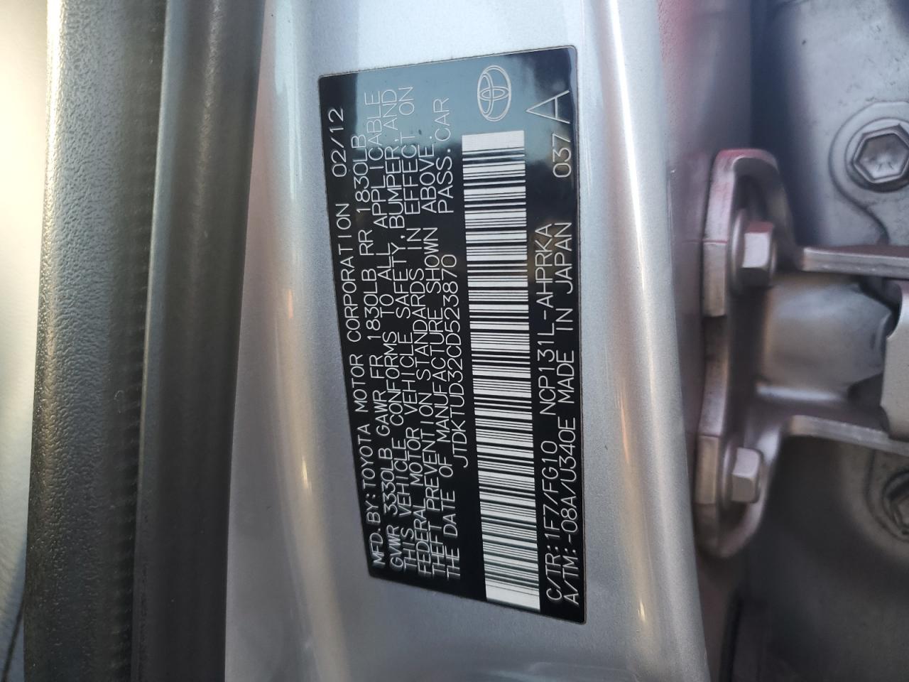 2012 Toyota Yaris VIN JTDKTUD32CD523870 Copart auction photo, front end / rear end damage thumbnail 13