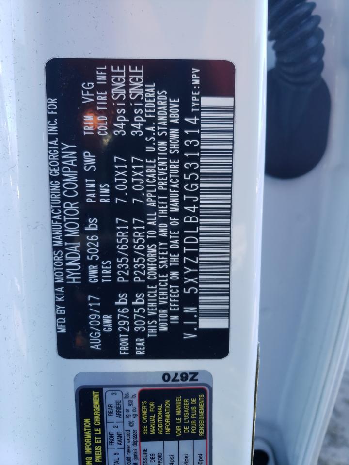 2018 Hyundai Santa Fe VIN 5XYZTDLB4JG531314 Copart auction photo, front end damage thumbnail 13