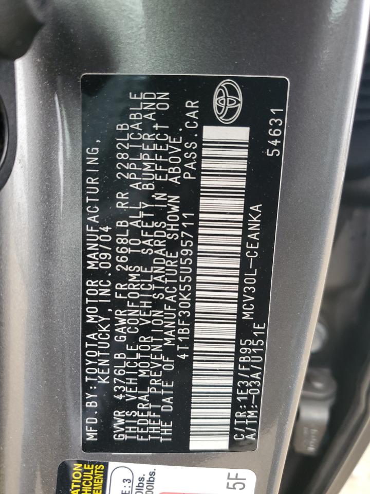 2005 Toyota Camry VIN 4T1BF30K55U595711 Copart auction photo, rear end damage thumbnail 12