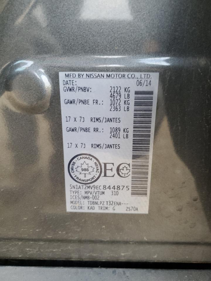 2014 Nissan Rogue VIN 5N1AT2MV9EC844875 Copart auction photo, rear end / top/roof damage thumbnail 14