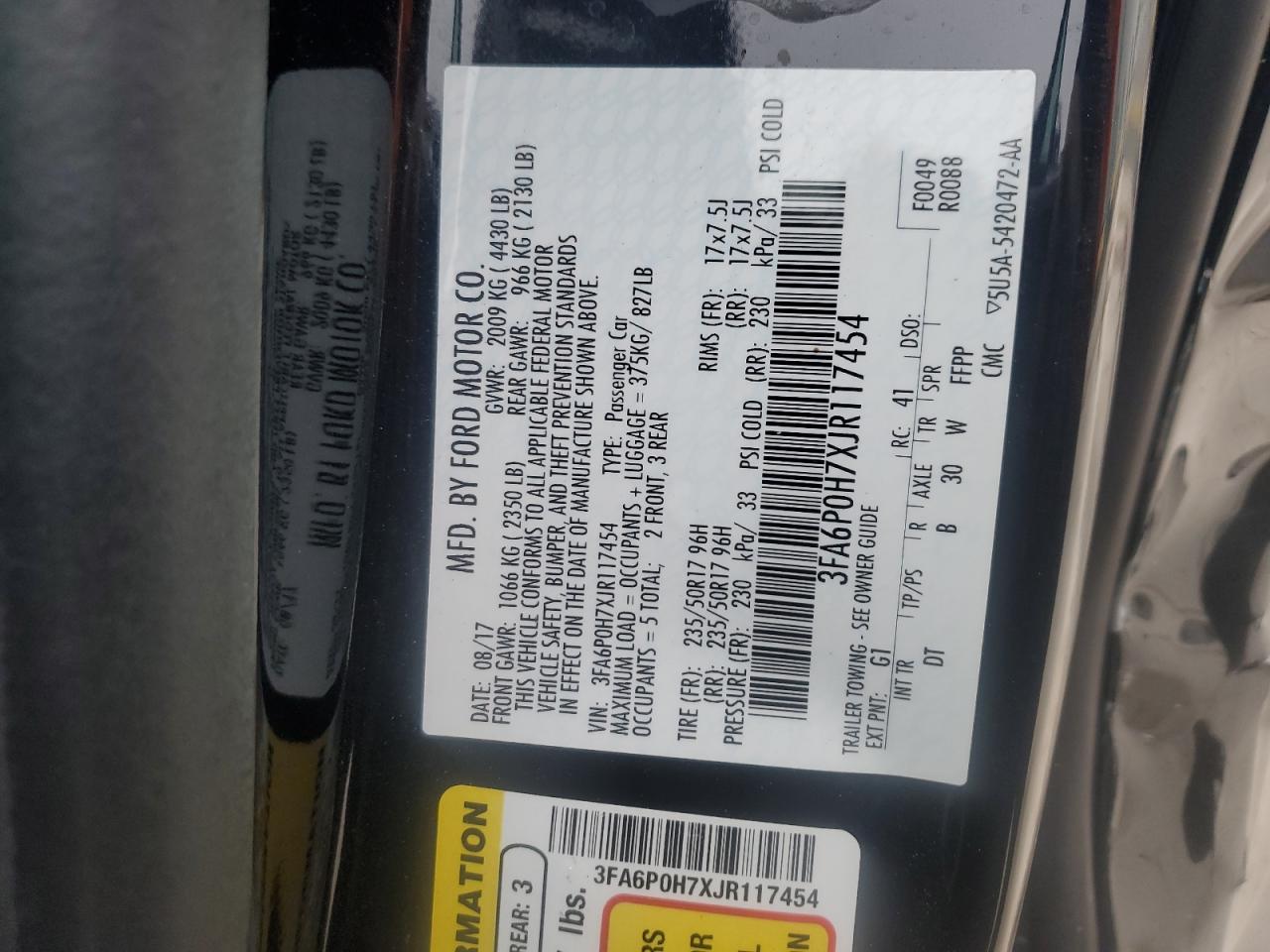 2018 Ford Fusion VIN 3FA6P0H7XJR117454 Copart auction photo, front end / rear end damage thumbnail 13
