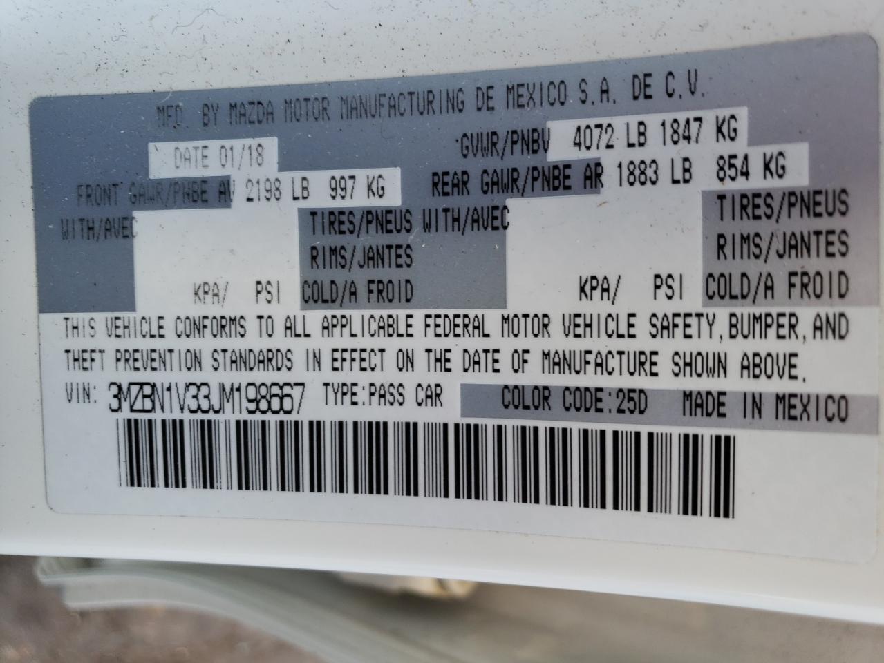 2018 Mazda 3 VIN 3MZBN1V33JM198667 Copart auction photo, front end / minor dent/scratches damage thumbnail 12
