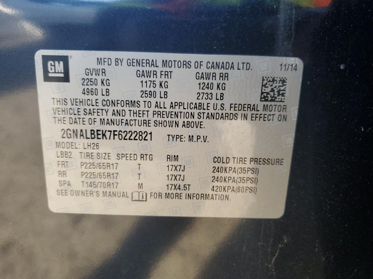 2015 Chevrolet Equinox VIN 2GNALBEK7F6222821 Copart auction photo, minor dent/scratches damage thumbnail 13