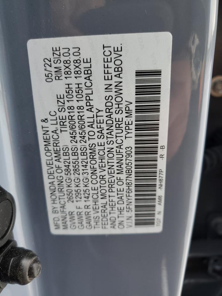 2022 Honda Pilot VIN 5FNYF6H87NB057903 Copart auction photo, front end damage thumbnail 13