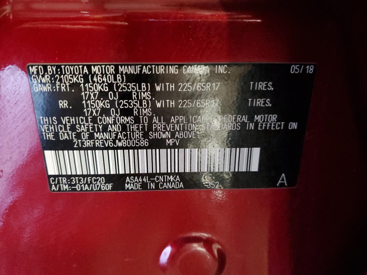 2018 Toyota RAV 4 VIN 2T3RFREV6JW800586 Copart auction photo, front end damage thumbnail 13