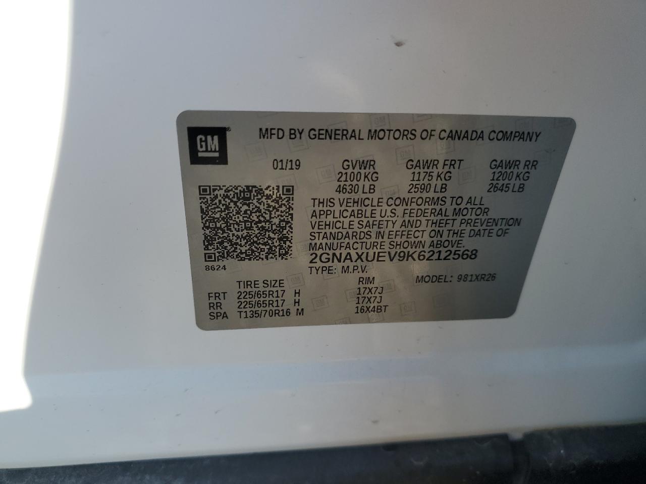 2019 Chevrolet Equinox VIN 2GNAXUEV9K6212568 Copart auction photo, front end damage thumbnail 14