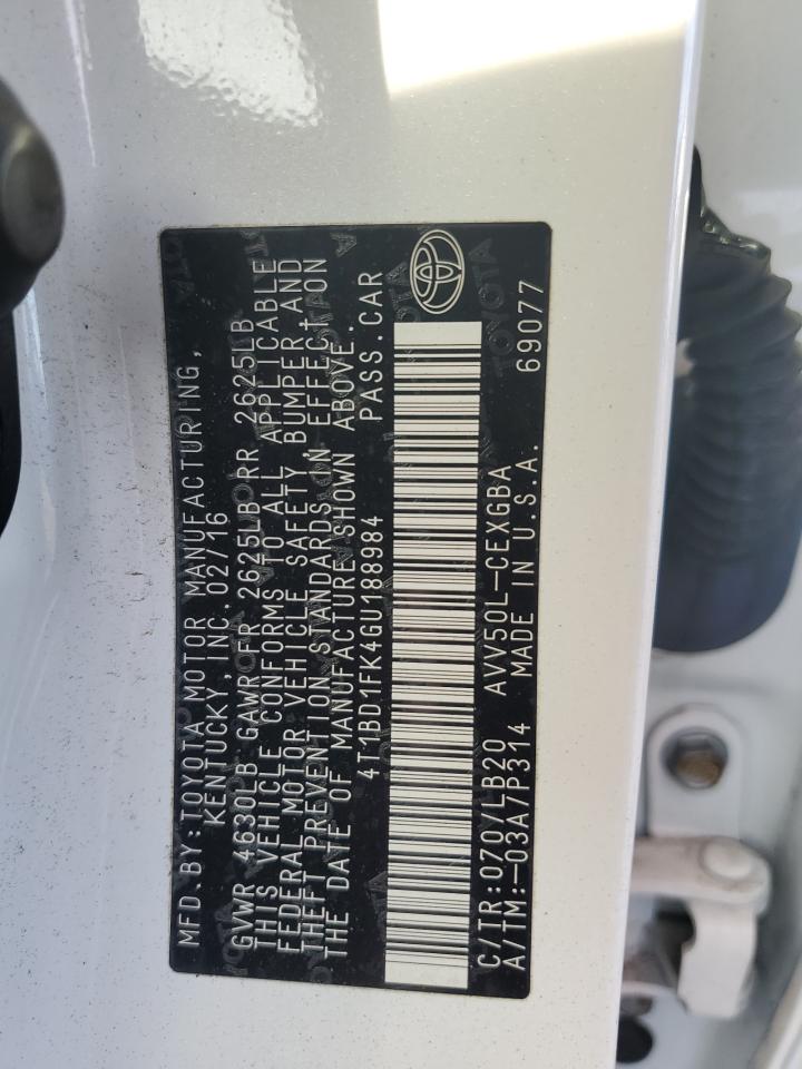 2016 Toyota Camry VIN 4T1BD1FK4GU188984 Copart auction photo, rear end / front end damage thumbnail 12