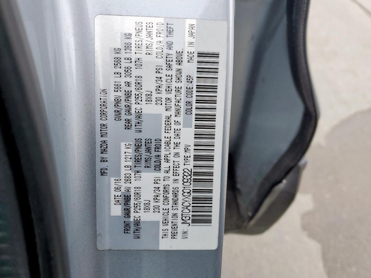 2016 Mazda CX-9 VIN JM3TCACYXG0109322 Copart auction photo, rear end / undercarriage damage thumbnail 13